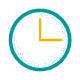 Clock icon with teal circular border and yellow hands showing approximately 2 o'clock position