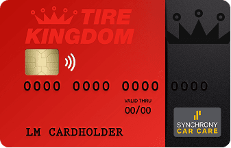 Red and black Tire Kingdom credit card with chip, contactless symbol, card number, expiration date, and cardholder name.